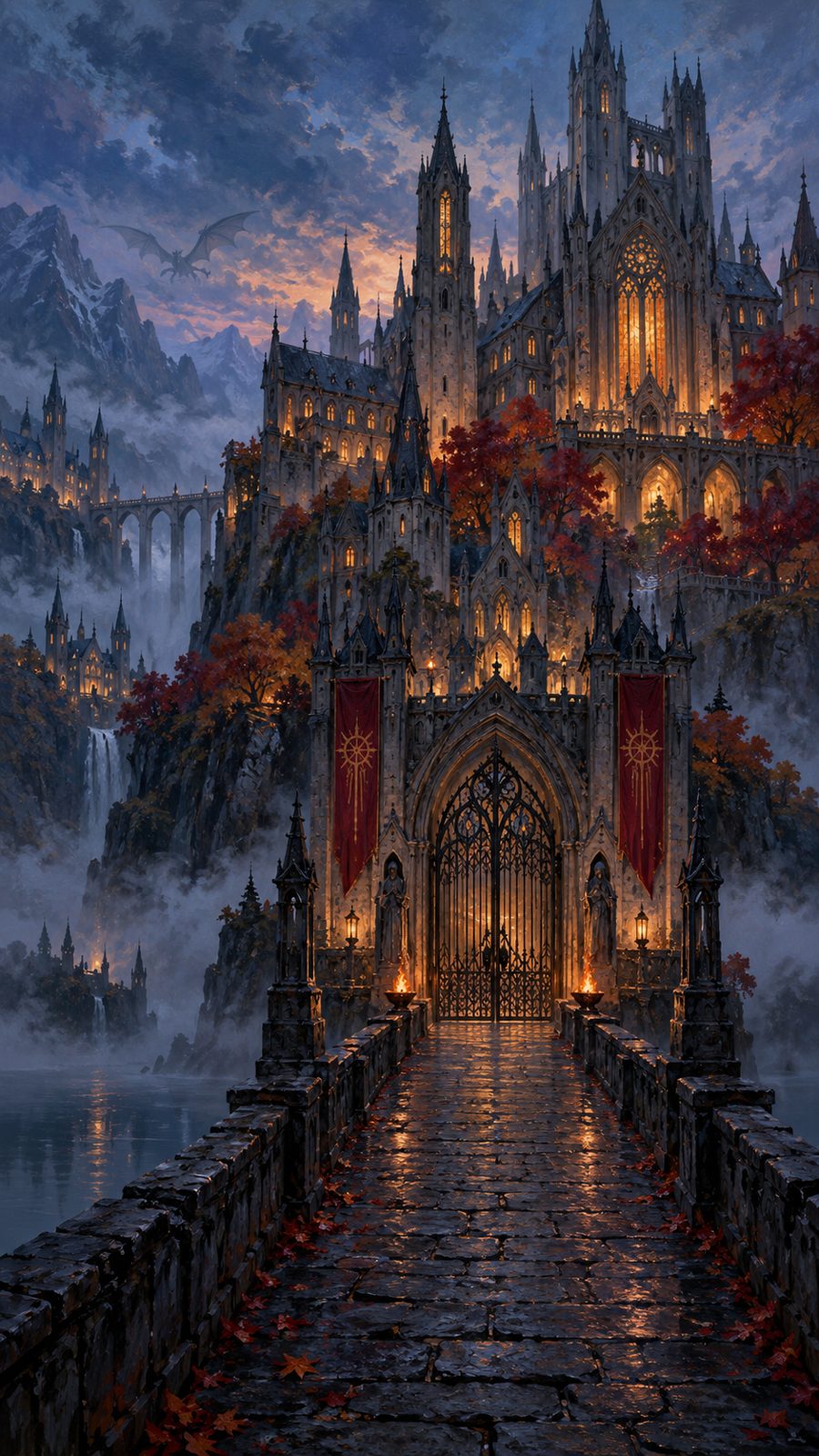 A painted gothic college glowing with warm windows above a misty bridge